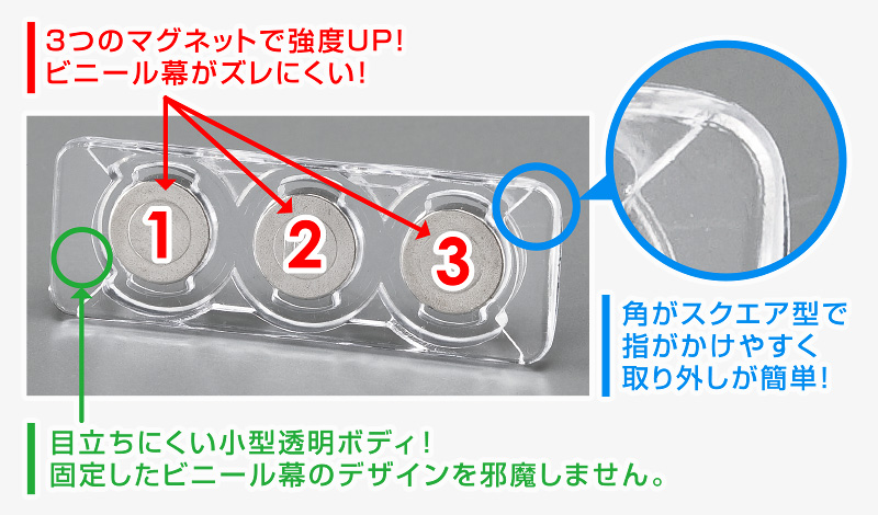 ３つのマグネットで強度ＵＰ！ ビニール幕がズレにくい！｜角がスクエア型で、指がかけやすく、取り外しが簡単！｜目立ちにくい小型透明ボディ！ 固定したビニール幕のデザインを邪魔しません。