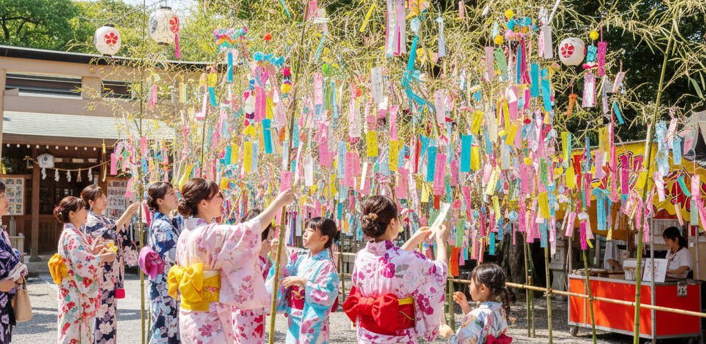 七夕笹へ短冊をつけるイメージ