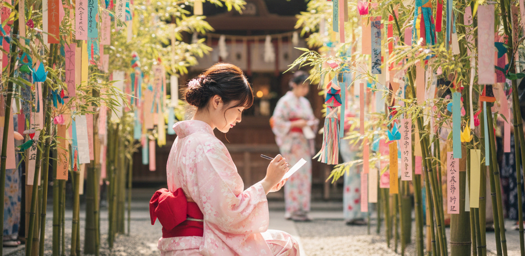 七夕笹に願い事を書く女性のイメージ