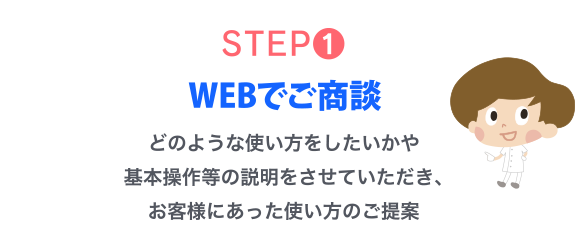 STEP1.WEBでご商談　どのような使い方をしたいかや基本操作等の説明をさせていただき、お客様にあった使い方のご提案