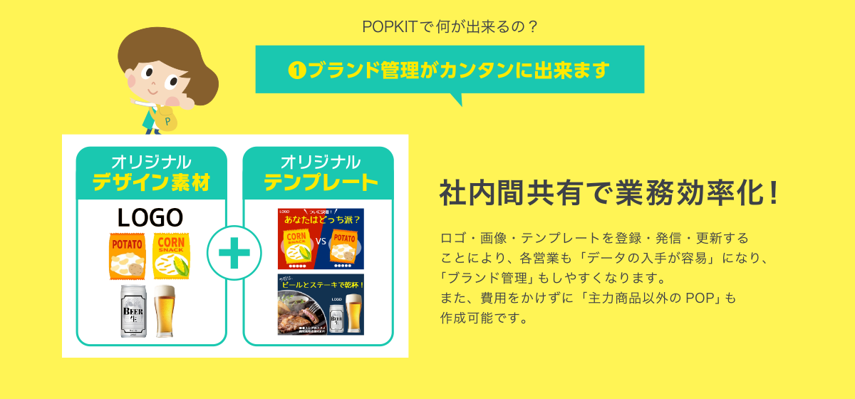 POPKITで何が出来るの？1.ブランド管理がカンタンに出来ます｜社内間共有で業務効率化！｜ロゴ・画像・テンプレートを登録・発信・更新することにより、各営業も「データの入手が容易」になり、「ブランド管理」もしやすくなります。また、費用をかけずに「主力商品以外のPOP」も作成可能です。